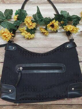 Gianni Bini Black Baguette Signature Print Leather Accent Shoulder Bag Purse